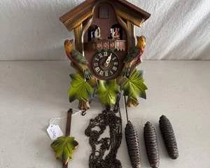 Authentic German Hand-Painted Wood Cuckoo Clock with Dancing Figurines and Pinecone Weights