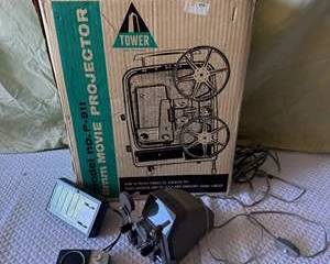 Vintage Tower 8mm Movie Projector Model P-511 with Kalimr Movie Editor #400 and Shima Transistor AM Radio
