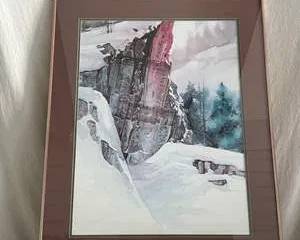 Framed Watercolor Landscape Artwork Featuring Snowy Rocks and Pine Trees