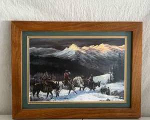 Framed Winter Landscape Art with Cowboys and Horses