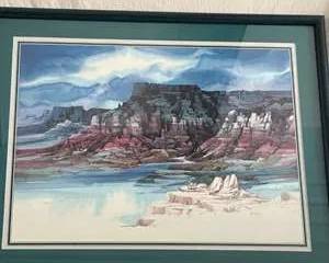 Framed Landscape Watercolor with Blue and Red Tones by Michael Atkinson
