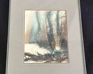 Framed Abstract Winter Landscape Watercolor by Alireza C. Golkar