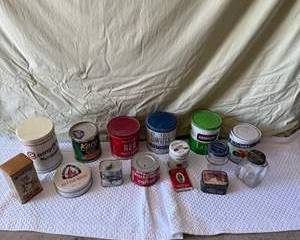 Vintage Metal and Glass Storage Tins with Wilbur's Cocoa, Campfire Marshmallows, Karo Syrup, Hills Bros Coffee, Armour Lard, and Miscellaneous Retro Containers