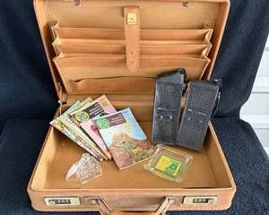 Vintage Brown Leather Briefcase with Midland Radio Holders, P.S. Magazines, Kel-Lake Motel Glass Ashtray