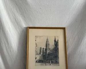Framed Etching of Historic Cityscape with Figures and Tram