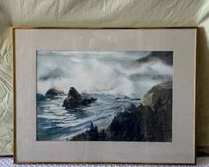 Seascape Watercolor Painting with Coastal Rocks and Mis, Signed by Sandy Stinson '92