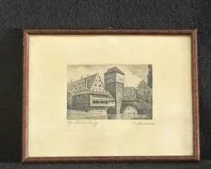 Framed Black and White Etching of Historical German Architecture