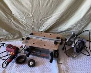 Craftsman Electric Circular Saw, Skil Drill, Porter Cable Router, Workmate Portable Workbench with Wire Brushes