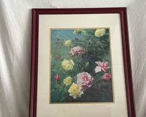 Framed Floral Art Print Featuring Pink and Yellow Roses