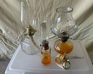 Vintage Clear and Amber Glass Kerosene Oil Lamps with Brass Fittings and Adjustable Wicks