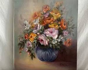 Vibrant Floral Oil Painting in Blue Vase by Connie