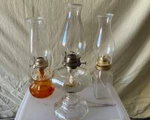 Vintage Glass Kerosene Oil Lamps Trio with Amber and Clear Glass Bases