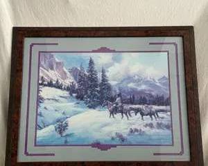 Framed Winter Landscape Art featuring Horse and Rider by Lee K. Parkinson