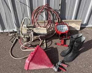 Professional Painter's Red Spray Hopper with Electric Paint Sprayer, Black Rubber Boots, and Portable Work Light