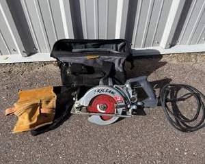 Skilsaw 15 Amp 7.25" Circular Saw with Black and Yellow WorkPro Tool Bag and Brown Leather Tool Pouch