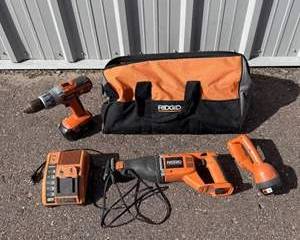 RIDGID Cordless Drill, Reciprocating Saw, Portable Light and Battery Charger and Tool Bag Combo Set