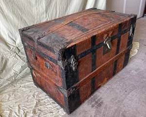 Antique Wooden Steamer Trunk with Metal Reinforcements