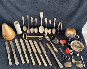 Antique Silver Plate Collection with Brass Key, Small Scissors, Metal Mold, and Decorative Metal Items
