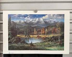 Framed Mountain Landscape Print with Autumn Trees and Reflective Lake by Tom Dooley