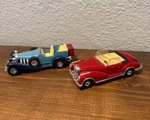 Vintage Style Red Convertible and Blue Classic Roadster Diecast Car Models