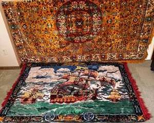 Vintage Decorative Oriental Rug with Intricate Floral Patterns and Nautical Ship Scene Tapestry