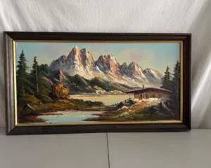 Mountain Landscape Oil Painting Signed by Artist in Wooden Frame
