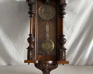Antique Wall Pendulum Clock Ornate Brass Face Decorative Columns