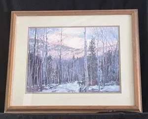 Signed Landscape Painting of Birch Trees and Mountains
