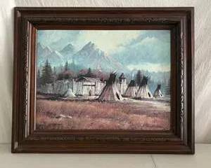 Painting of Native American Village & Mountain Landscape Signed by R. Bradford Johnson 1980