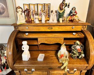 Secretary desk, willow staues, ceramic figurines