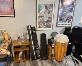 Martin and Taylor guitars. Trombone conga records and cabinet
