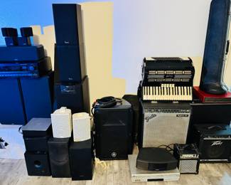 Yamaha PA speaker w gig case, accordion, trombone, Bose speakers, Fender Keyboard Amp, smaller amps, Bose outdoor speakers,  surround sound systems Sony, Samsung, yahmaha. Bose, Boston, xfinity speakers, still more coming