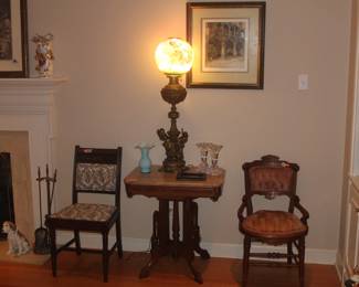 Antique walnut marble top table with handsome side chairs