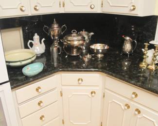 Silver plate coffee urn and pitchers