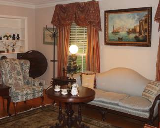 Antique walnut tea table and wingback chair