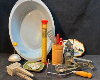 Vintage Enamel Basin And Kitchen Utensils