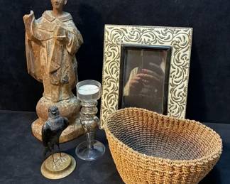 Carved Wooden Saint Figure, Metal Bird And More