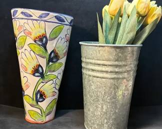 Pat Espey Pottery Vase Metal Flower Bin