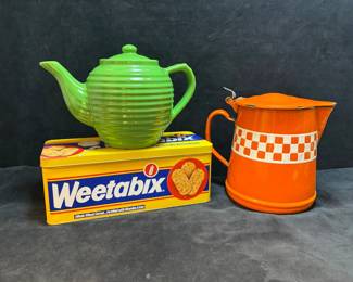 Vintage Enamel Kettle And Weetabix Tin 