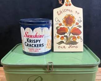 Vintage Bread Cracker Tins  Wood Cutting Board
