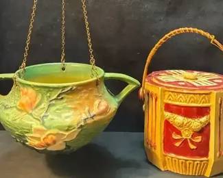 Roseville Pottery Snow Berry Hanging Planter Japanese Biscuit Jar