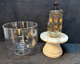 Crate Barrel Marble Cake Stand, Bohemia Glass Canister