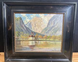 Oil Painting St. Bartholomews Church on the shores of Lake Konigssee in Germany