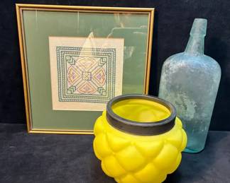 Antique Glass Bottle And Framed Cross Stitch