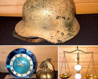 World War II German M40 helmet with a three-tone "Normandy" camouflage pattern, a vintage Telechron Art Deco blue mirror desk clock, brass apple trinket for box paperweight, and a vintage decorative scale of justice made of milk glass and brass.