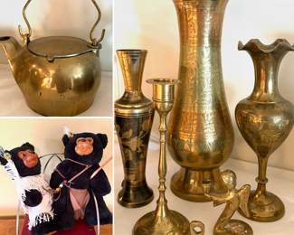 vintage brass teapot, two collectible teddy bears from the "Robert Raikes" collection, and a collection of vintage brass decorative items, including vases, a candlestick holder, a bell, and a figurine.
