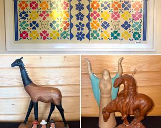 Large Decoration with Masks by Henri Matisse wall art, Vintage Charles Mark wood and metal llama sculpture, a piece of Peruvian folk art pottery, known as a "gossiping women" whistle, Angel — Navajo pottery Jack Black morning, sunrise statue with original paperwork, and a vintage Redmill manufacturing end of trail sculpture