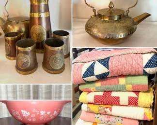 Vintage Mexican copper and brass sangria set, vintage Pyrex "Pink Gooseberry" Cinderella mixing bowl, vintage brass teapot and a collection of patchwork quilts.