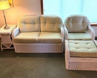 Vintage wicker rattan loveseat couch, chair, footstool and side table set