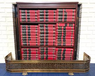 Sermons of Martin Luther complete 55 volume set, Scully and Scully three tier bookcase, vintage brass claw footed fireplace fender